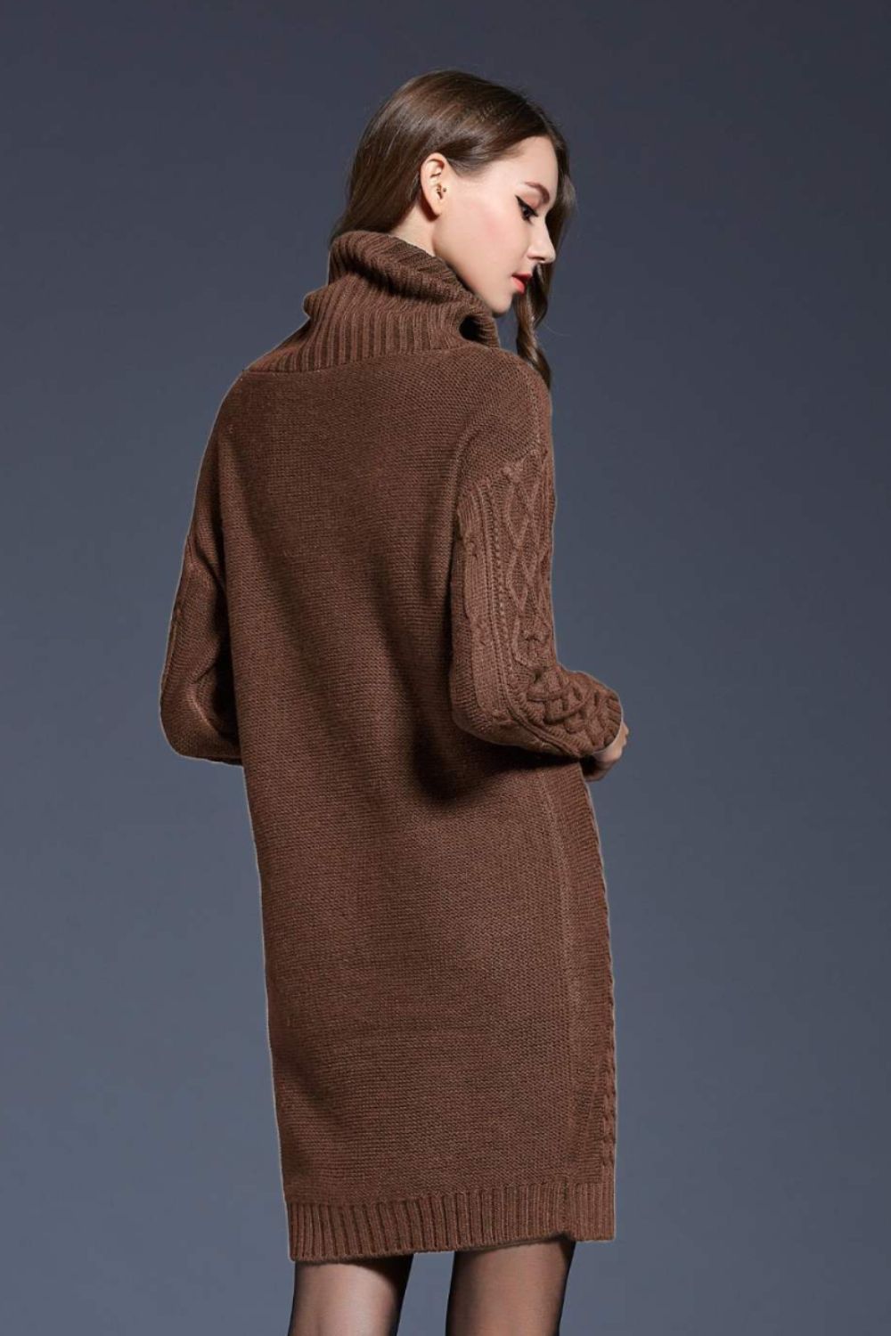 Woven Right Full Size Mixed Knit Cowl Neck Dropped Shoulder Sweater Dress - Siennasass