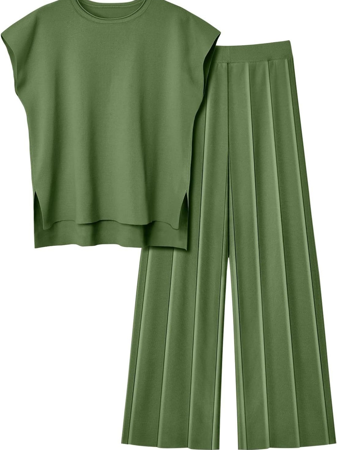 Round Neck Cap Sleeve Top and Pants Knit Set - Siennasass