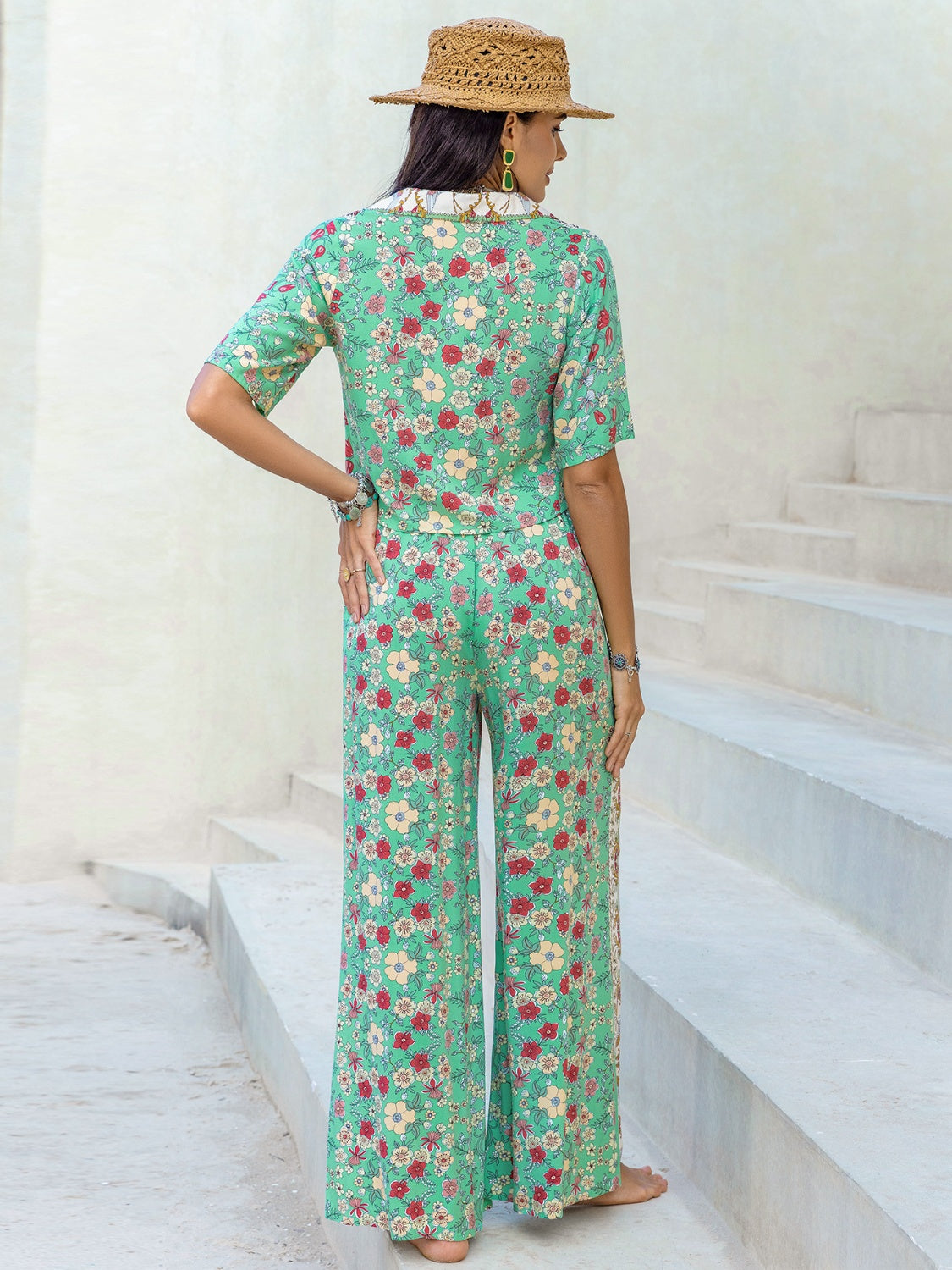 Printed Half Sleeve Top and Wide Leg Pants Set - Siennasass