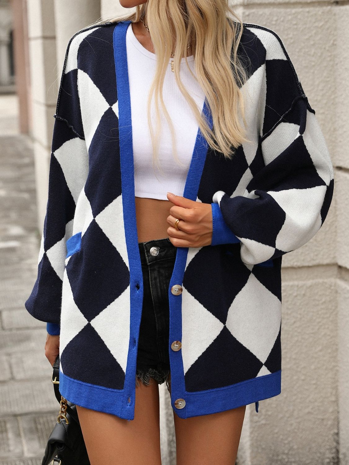 Checkered Dropped Shoulder Long Sleeve Cardigan - Siennasass