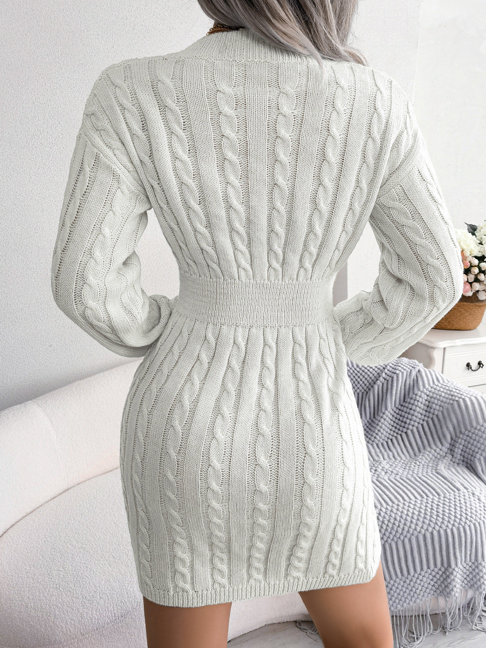 Cable-Knit V-Neck Mini Sweater Dress - Siennasass