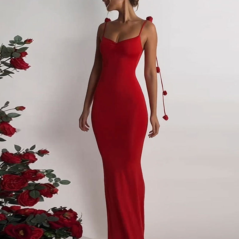 European And American Flowers Skinny V-neck Dress