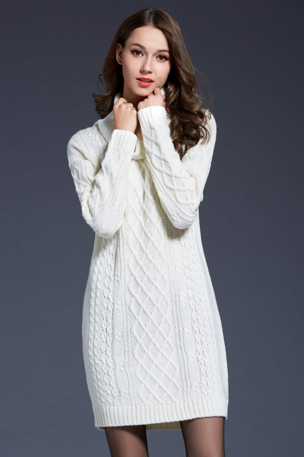Woven Right Full Size Mixed Knit Cowl Neck Dropped Shoulder Sweater Dress - Siennasass