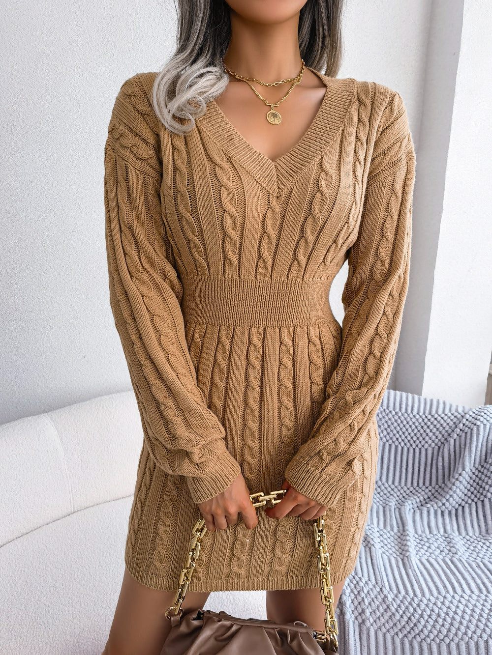 Cable-Knit V-Neck Mini Sweater Dress - Siennasass