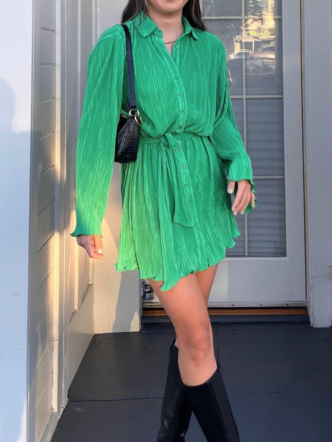 Tied Button Up Long Sleeve Dress - Siennasass