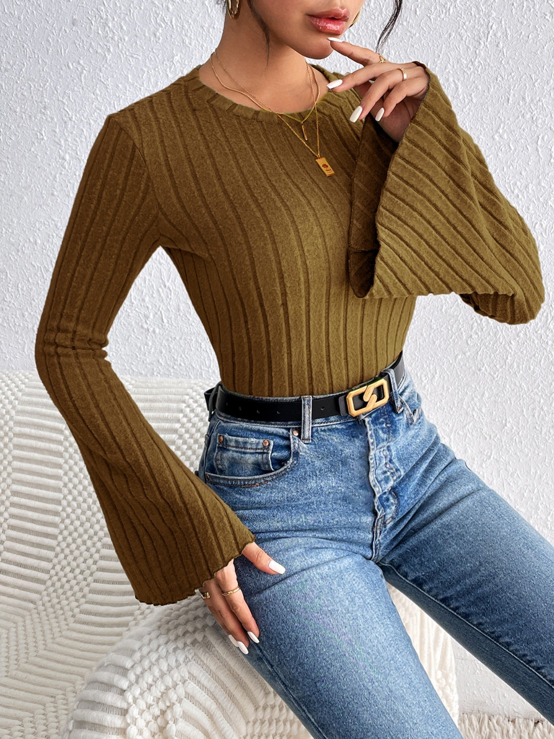 Round Neck Flare Sleeve T-Shirt - Siennasass