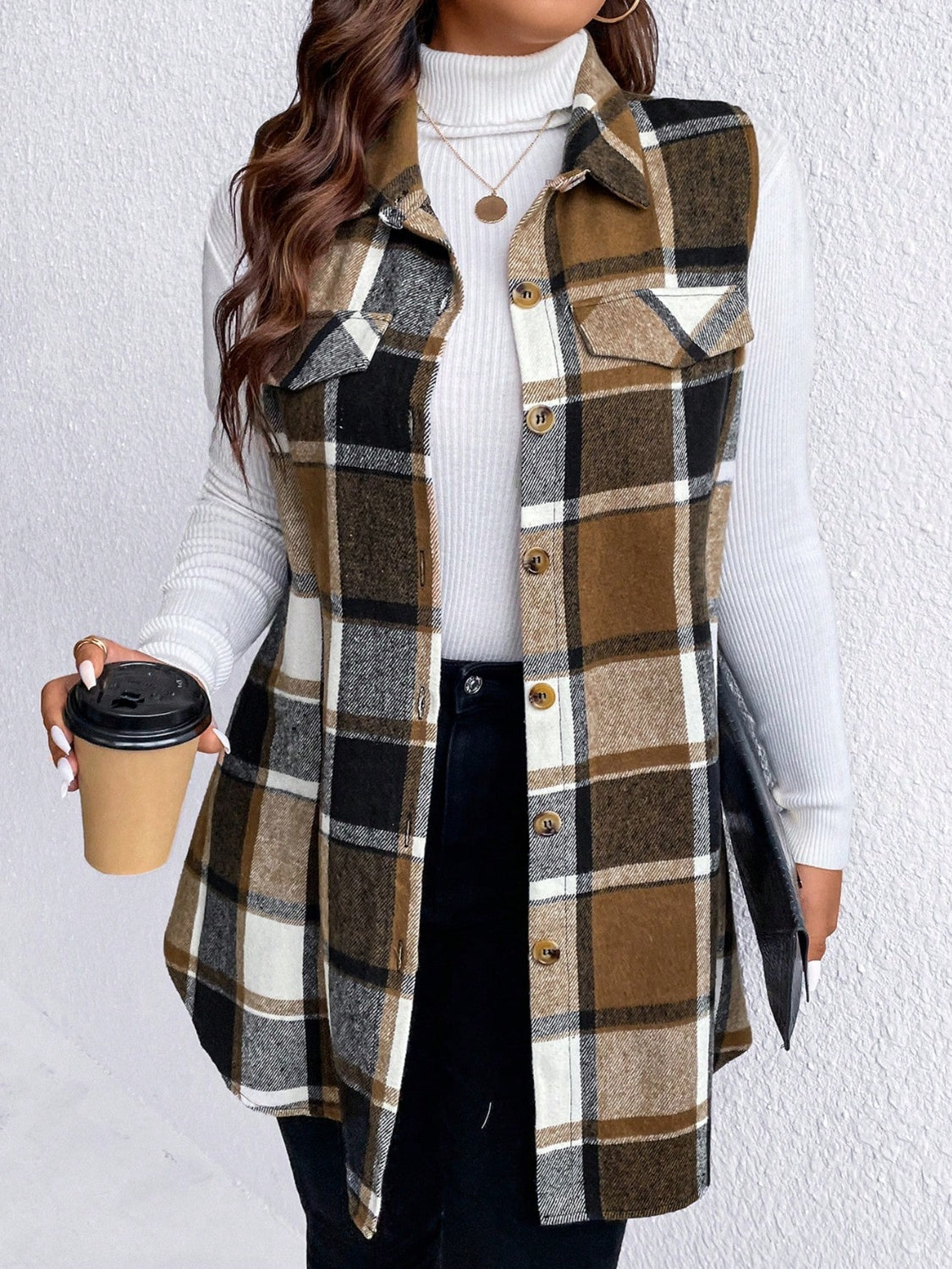 Honey Plus Size Pocketed Plaid Button Up Vest Coat - Siennasass