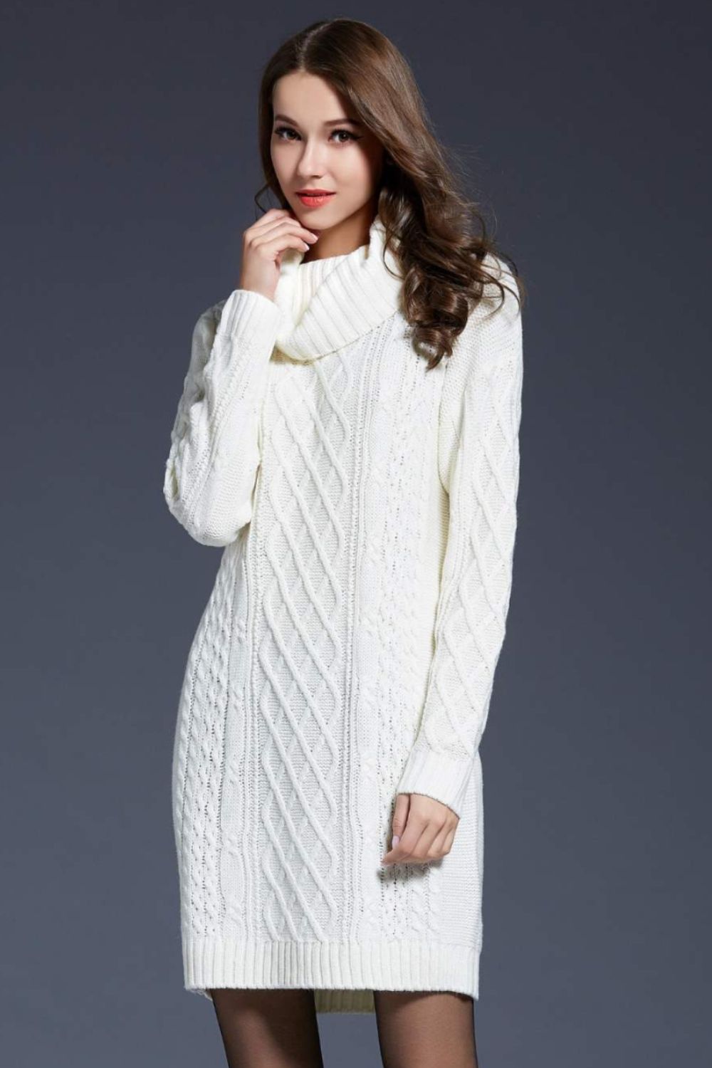 Woven Right Full Size Mixed Knit Cowl Neck Dropped Shoulder Sweater Dress - Siennasass