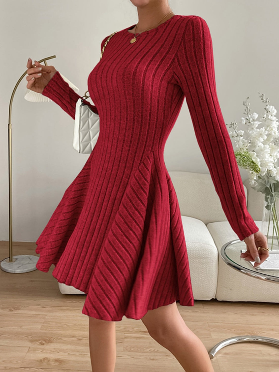Ribbed Round Neck Long Sleeve Dress - Siennasass