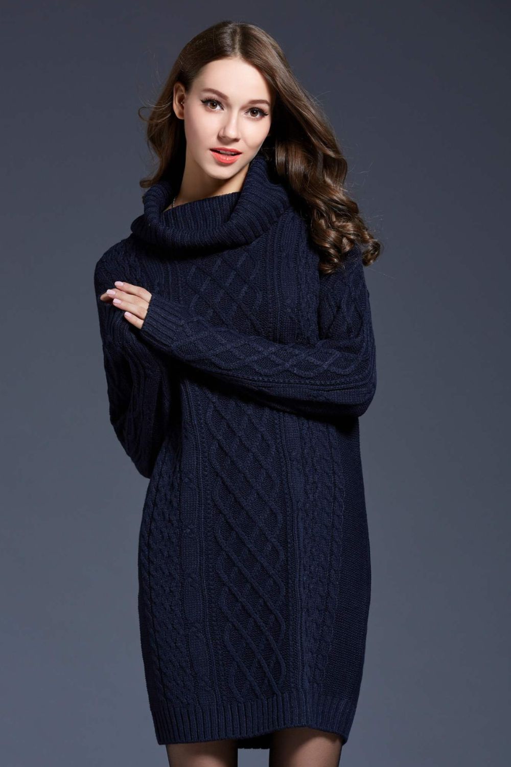 Woven Right Full Size Mixed Knit Cowl Neck Dropped Shoulder Sweater Dress - Siennasass