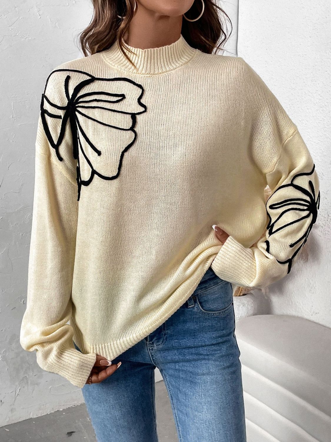 Perfee Mock Neck Dropped Shoulder Long Sleeve Sweater - Siennasass
