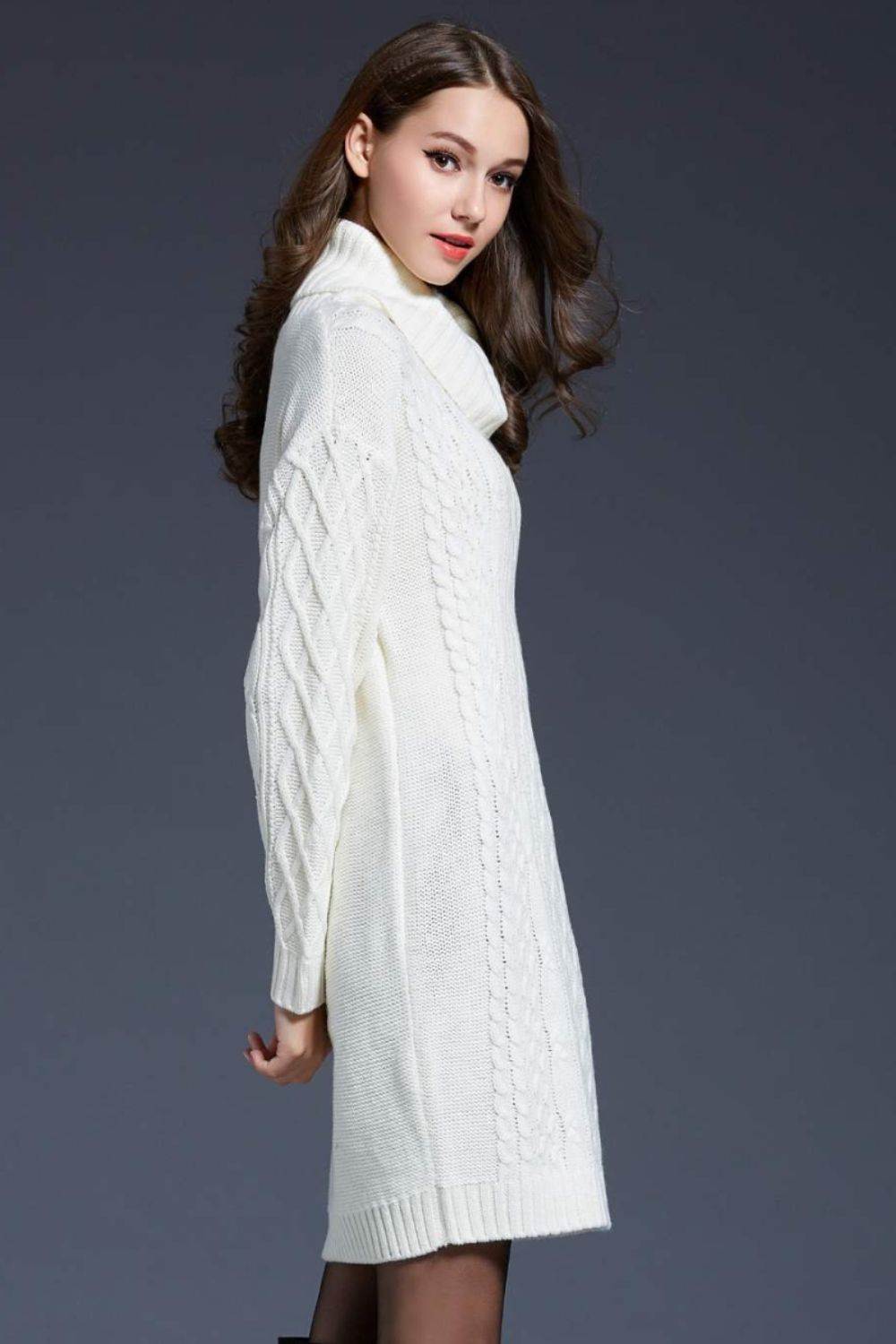 Woven Right Full Size Mixed Knit Cowl Neck Dropped Shoulder Sweater Dress - Siennasass