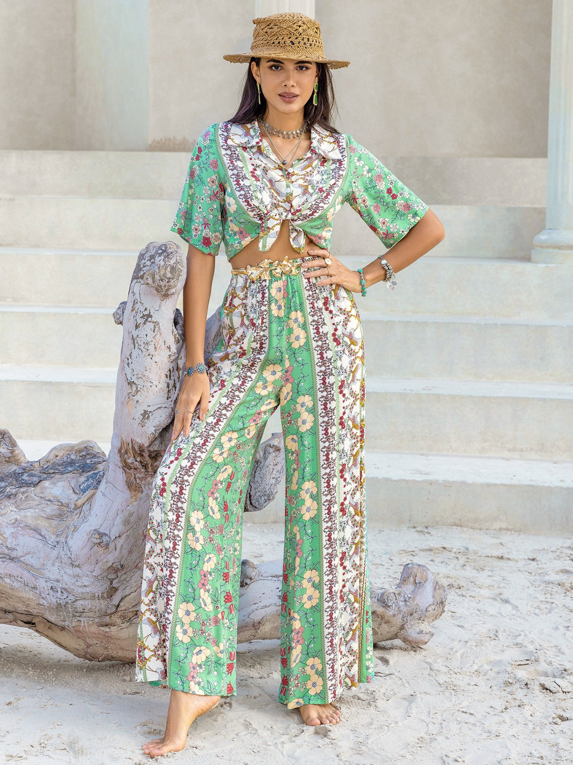 Printed Half Sleeve Top and Wide Leg Pants Set - Siennasass