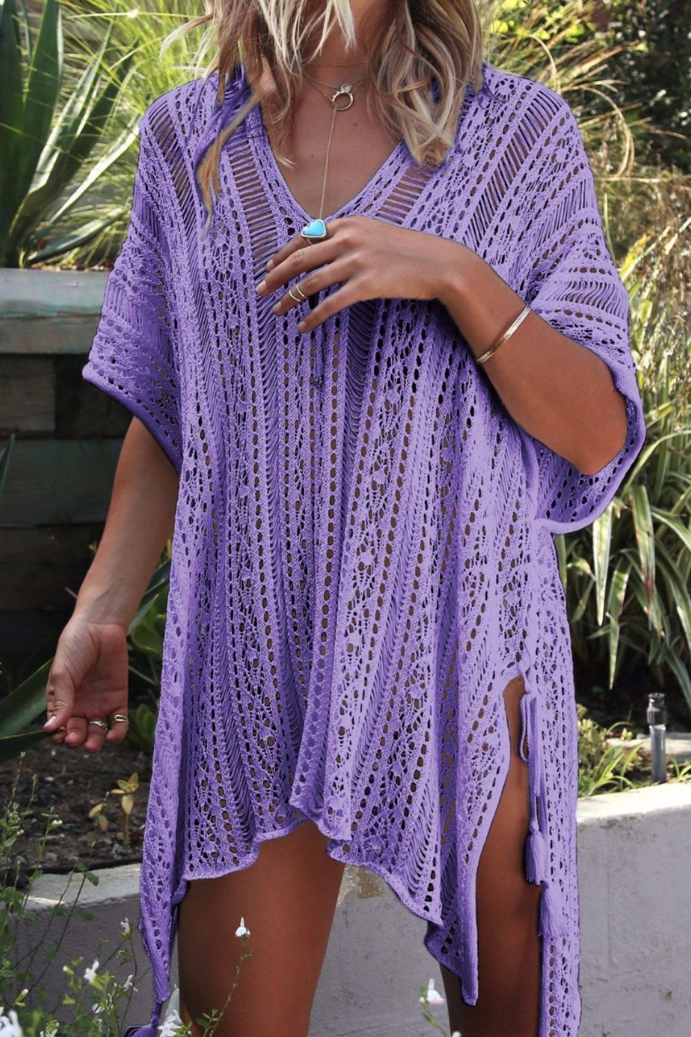 Cutout V-Neck Cover-Up with Tassel - Siennasass
