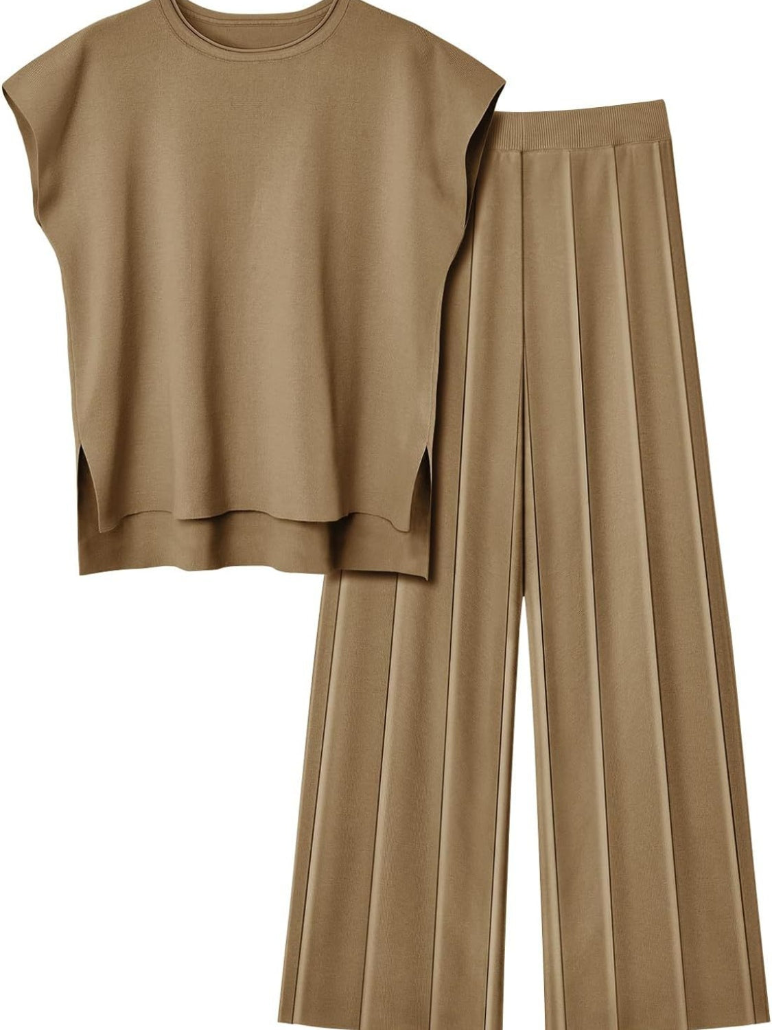 Round Neck Cap Sleeve Top and Pants Knit Set - Siennasass