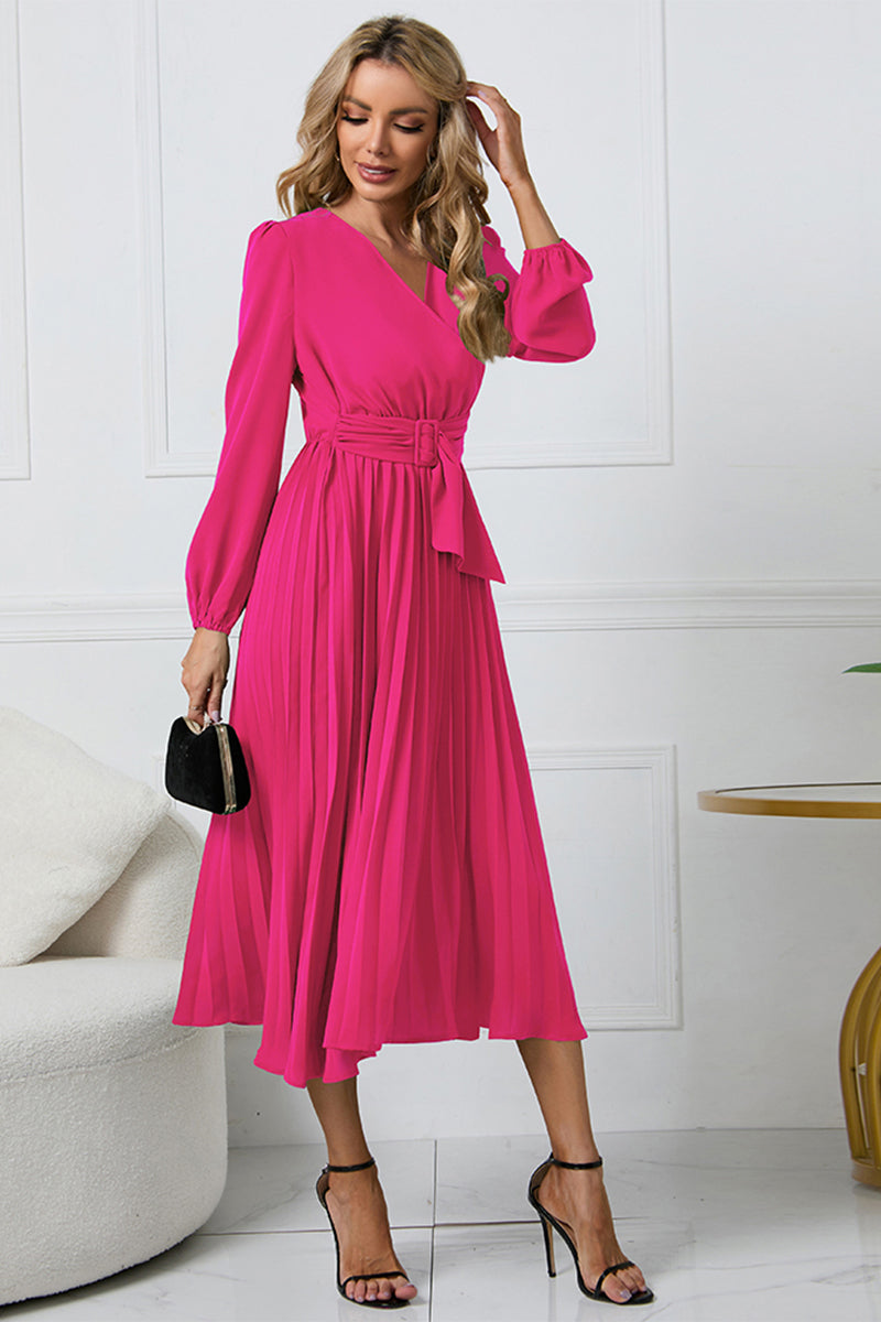 V-Neck Long Sleeve Tie Waist Midi Dress - Siennasass