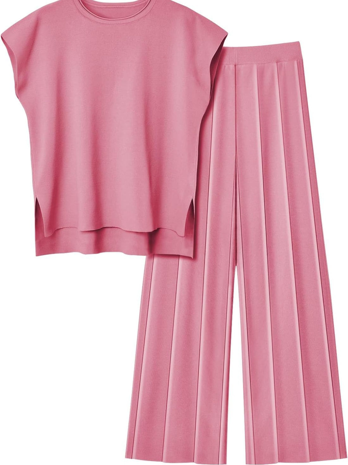 Round Neck Cap Sleeve Top and Pants Knit Set - Siennasass