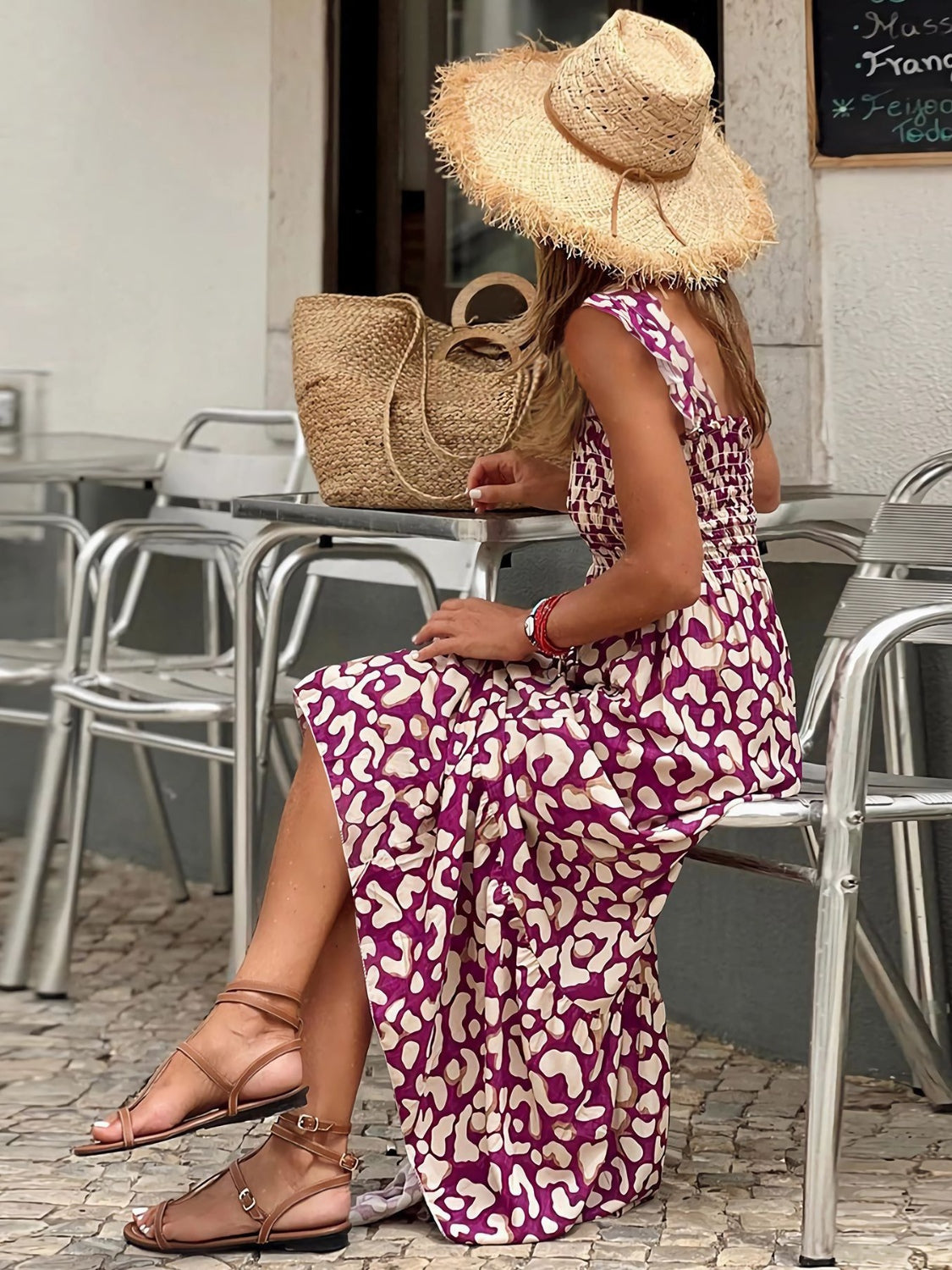 Smocked Printed Square Neck Sleeveless Dress - Siennasass