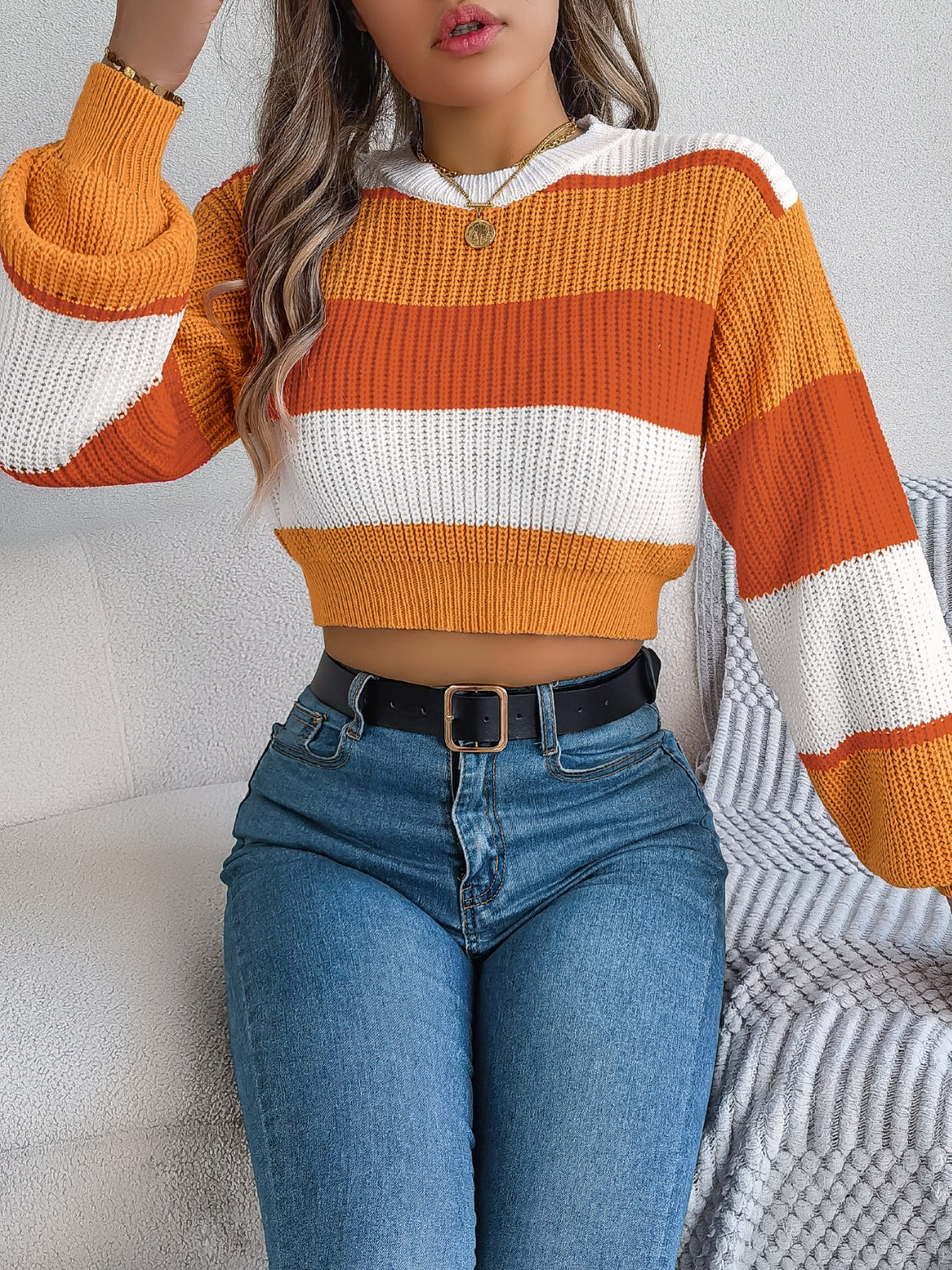 Color Block Round Neck Cropped Sweater - Siennasass