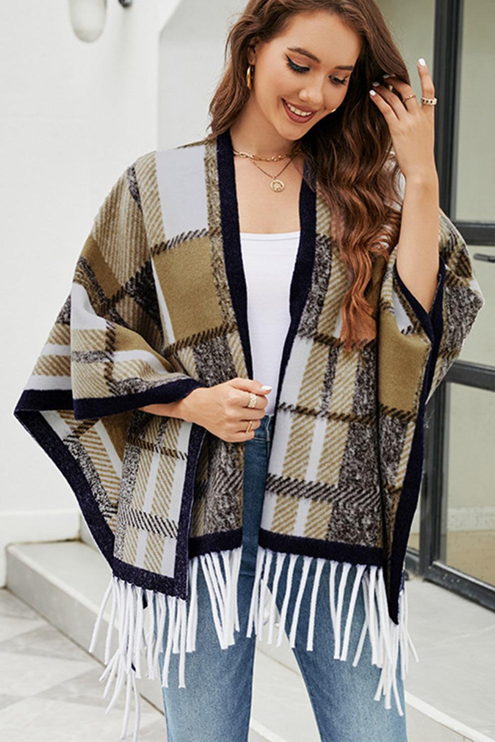 Cloak Sleeve Fringe Detail Poncho - Siennasass