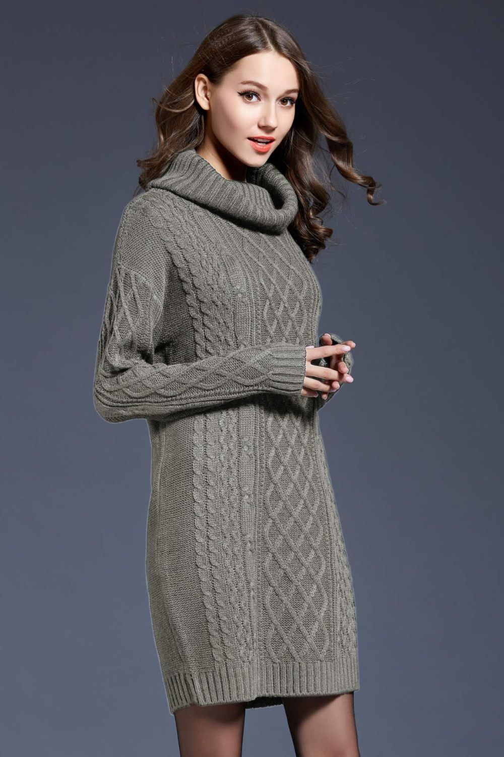 Woven Right Full Size Mixed Knit Cowl Neck Dropped Shoulder Sweater Dress - Siennasass