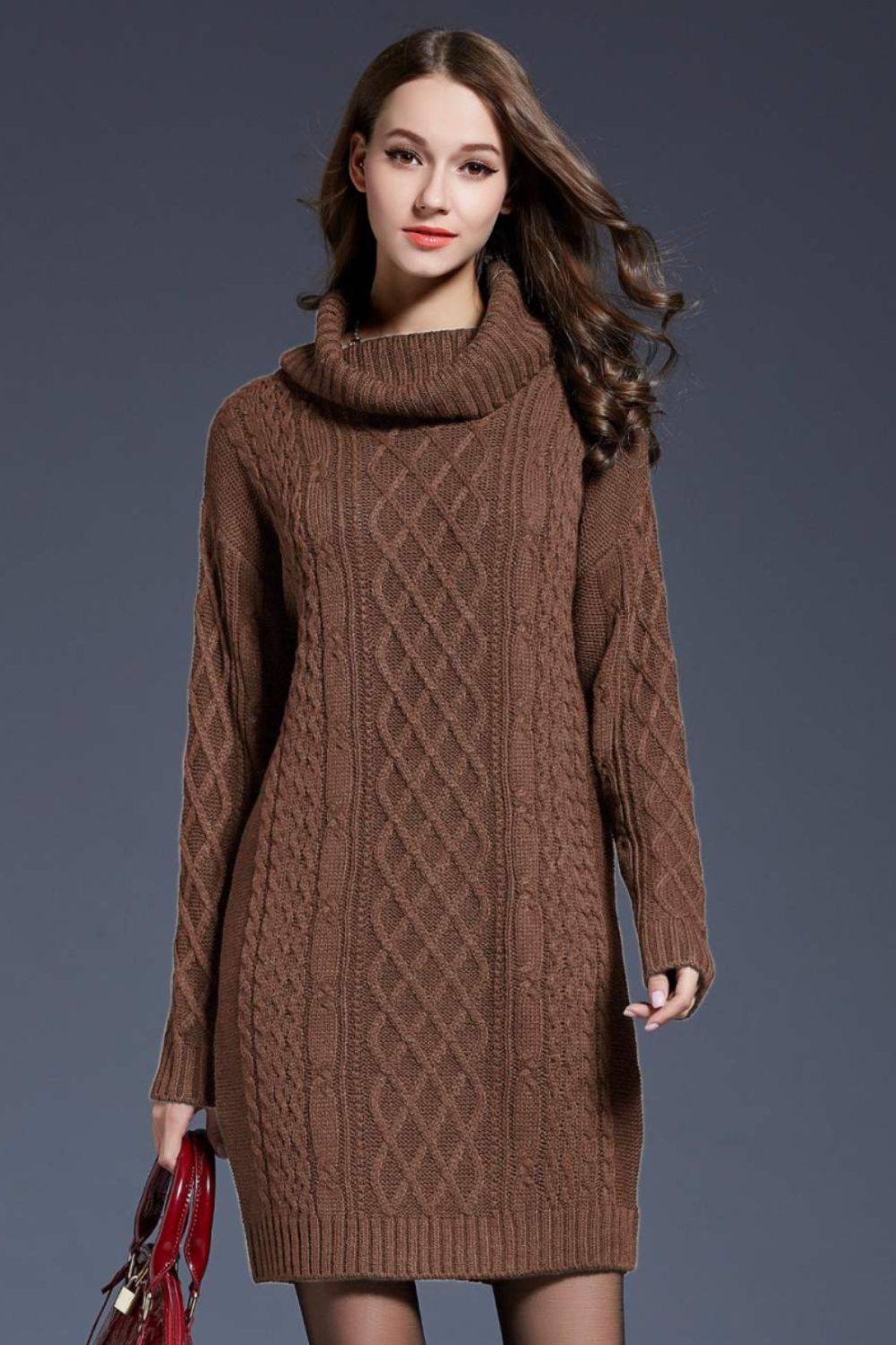 Woven Right Full Size Mixed Knit Cowl Neck Dropped Shoulder Sweater Dress - Siennasass