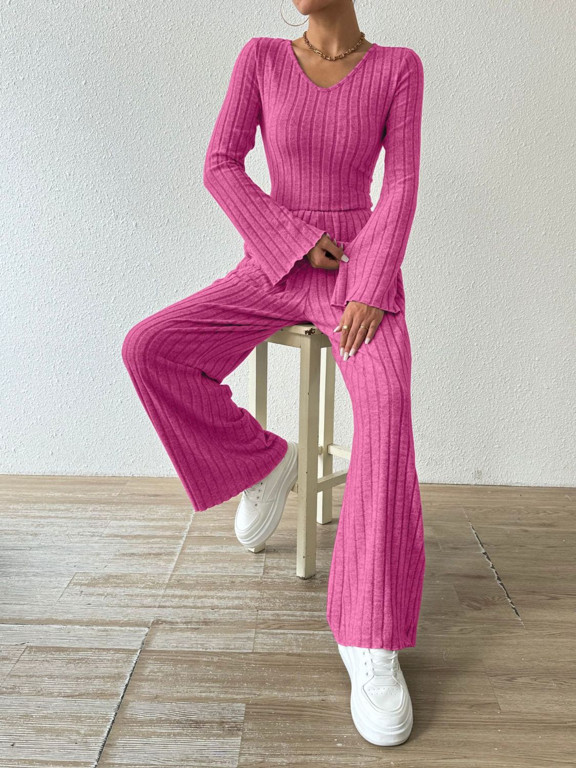 Ribbed V-Neck Long Sleeve Top and Pocketed Pants Set - Siennasass