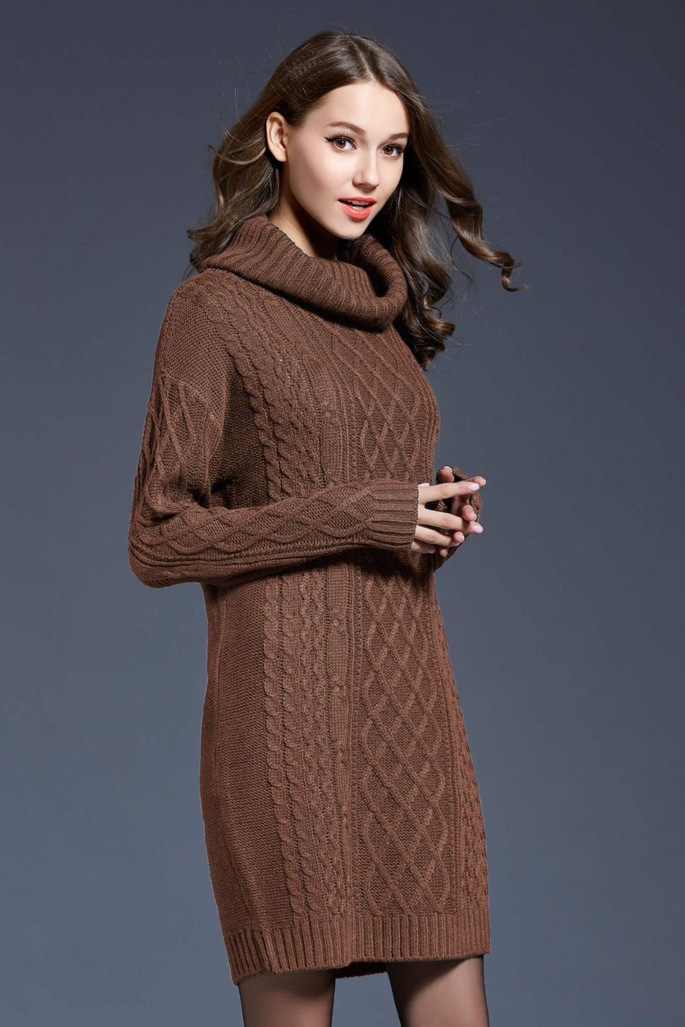 Woven Right Full Size Mixed Knit Cowl Neck Dropped Shoulder Sweater Dress - Siennasass