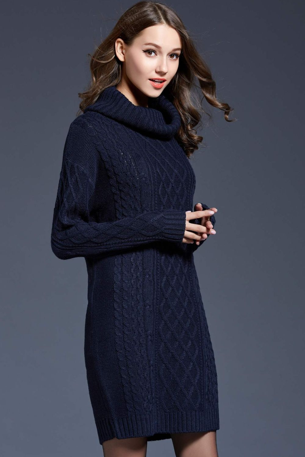 Woven Right Full Size Mixed Knit Cowl Neck Dropped Shoulder Sweater Dress - Siennasass