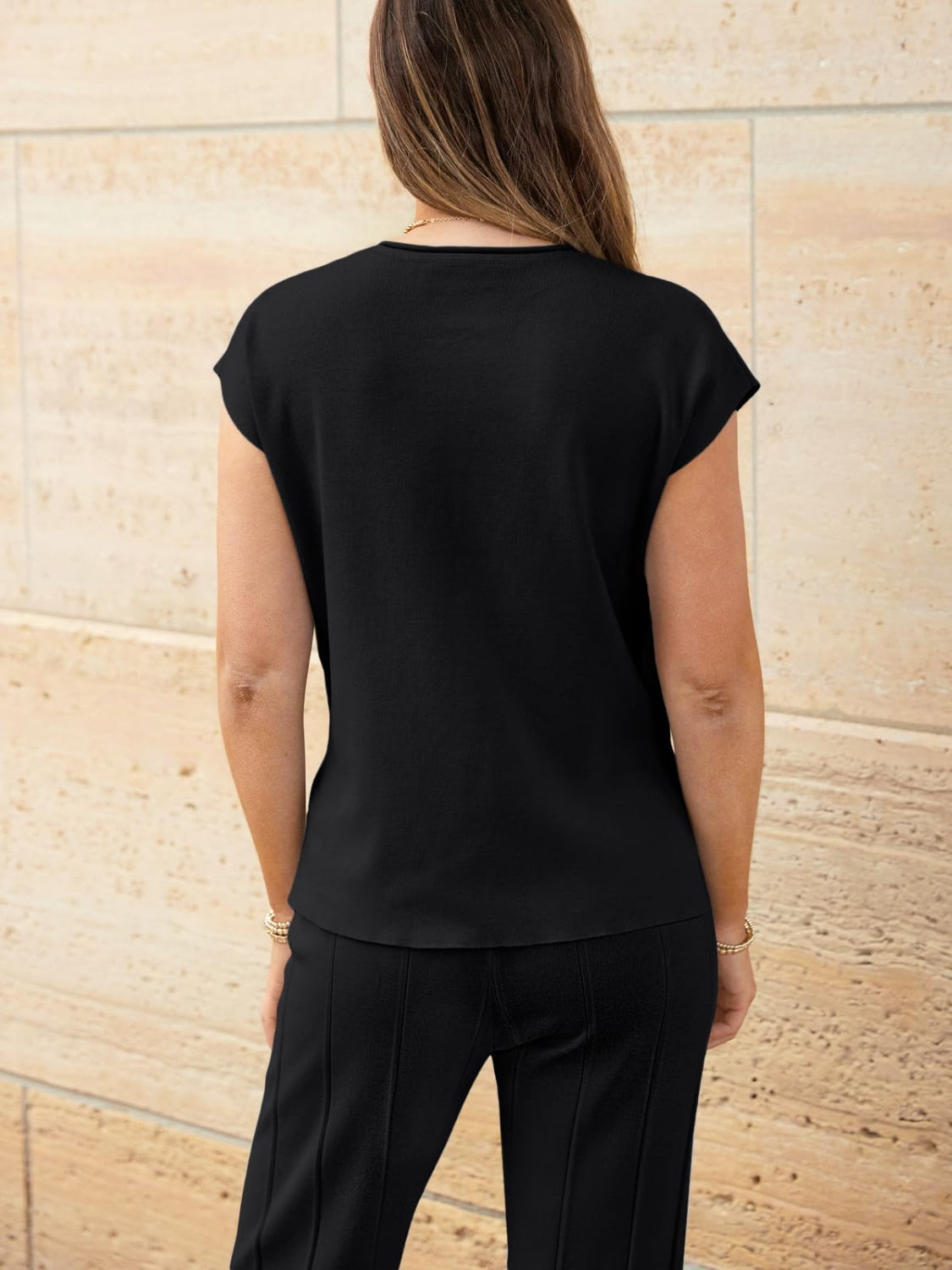 Round Neck Cap Sleeve Top and Pants Knit Set - Siennasass