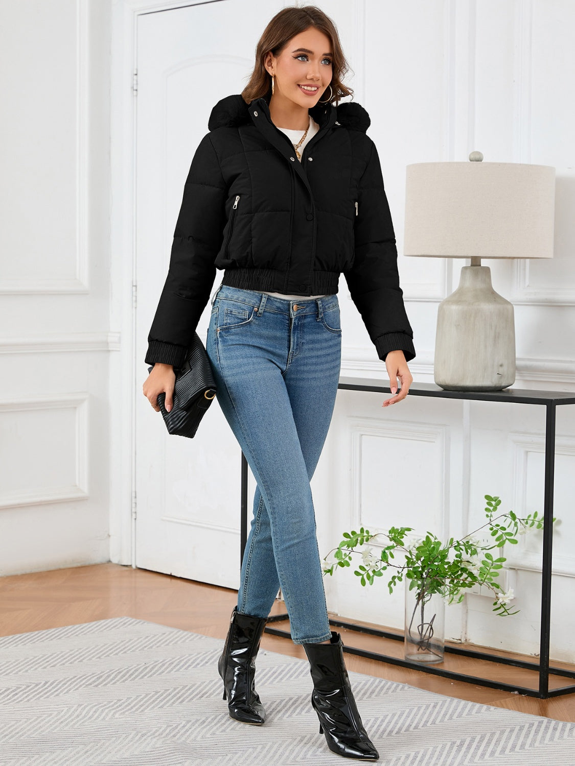 Pocketed Long Sleeve Cropped Hooded Winter Coat - Siennasass
