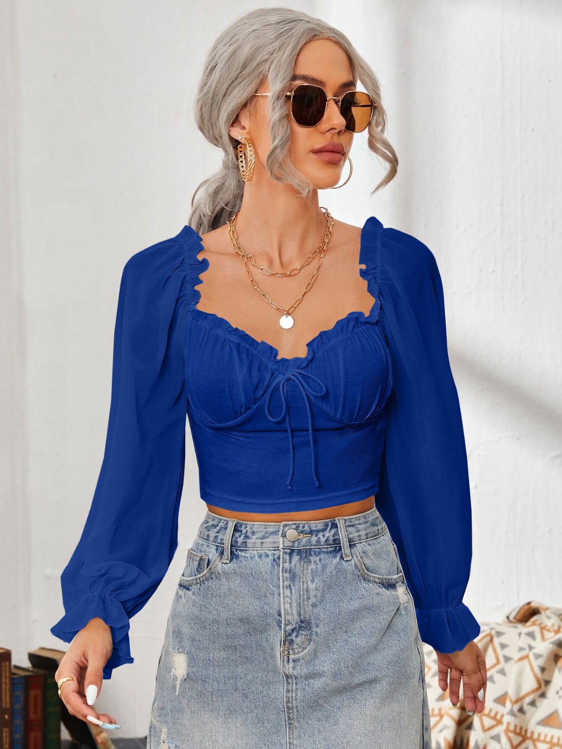 Mesh Sweetheart Neck Flounce Sleeve Top - Siennasass