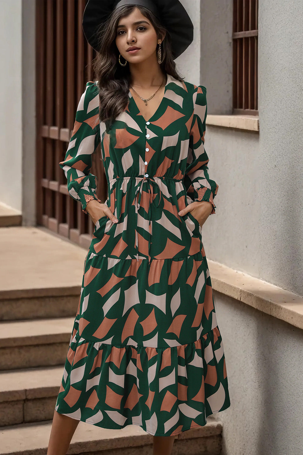 Perfee Printed Tied Pocketed Lantern Sleeve Dress - Siennasass