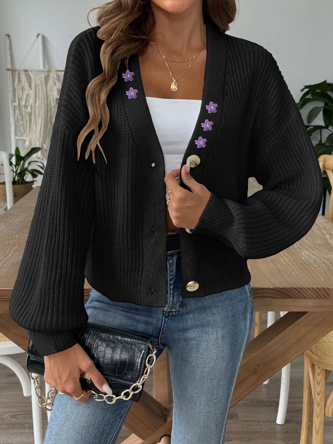 V-Neck Button Up Long Sleeve Cardigan - Siennasass