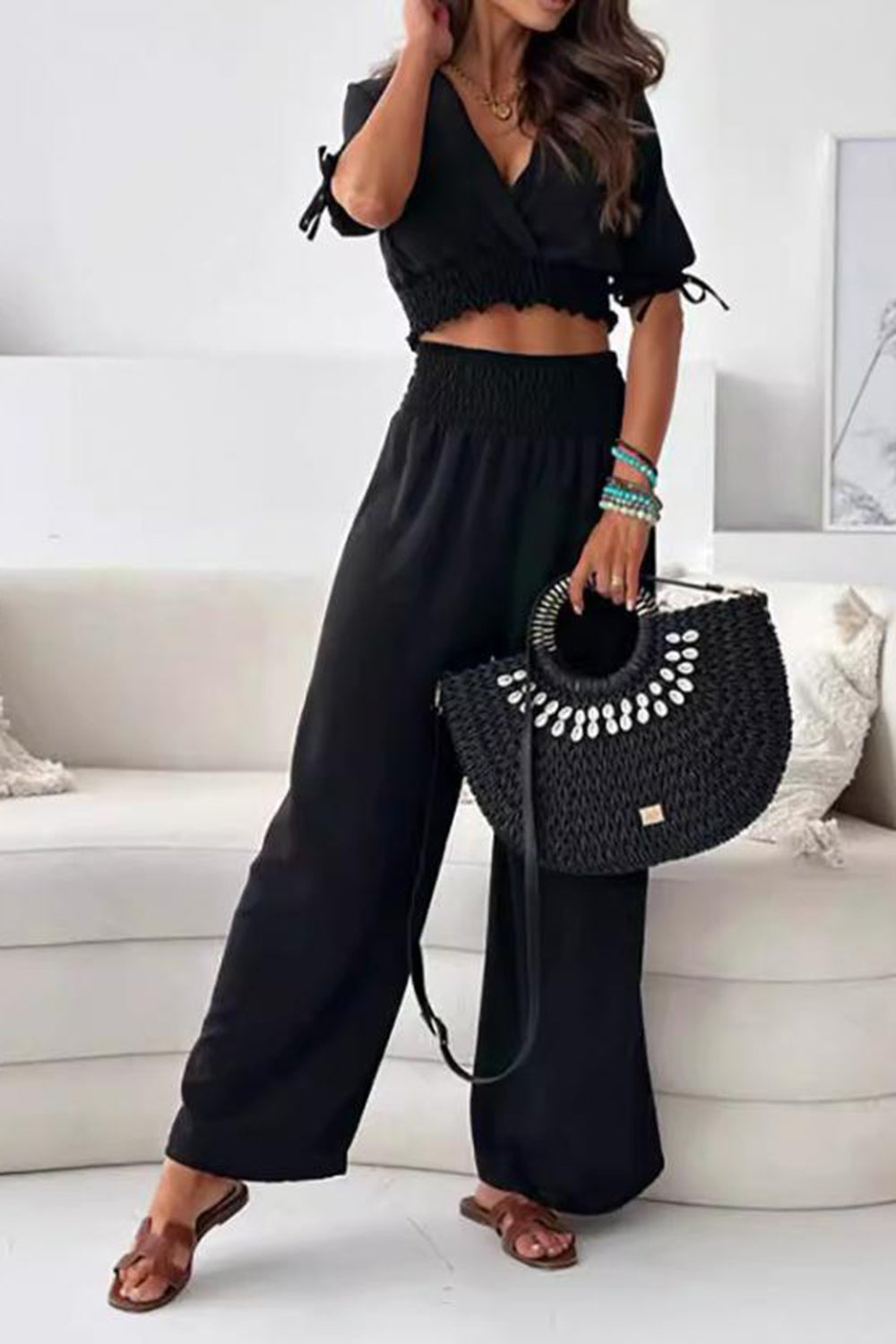 Surplice Short Sleeve Top and Pants Set - Siennasass