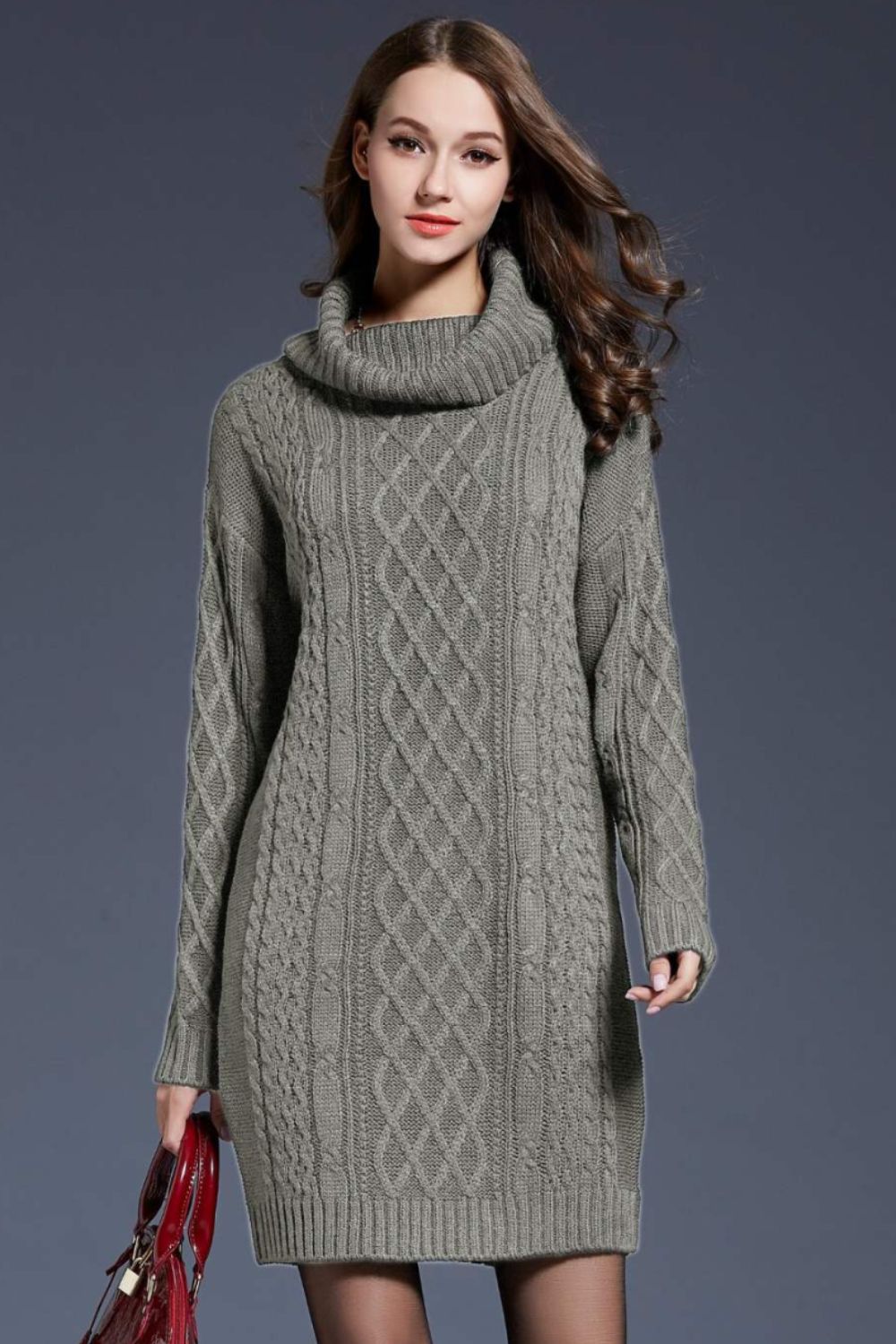 Woven Right Full Size Mixed Knit Cowl Neck Dropped Shoulder Sweater Dress - Siennasass