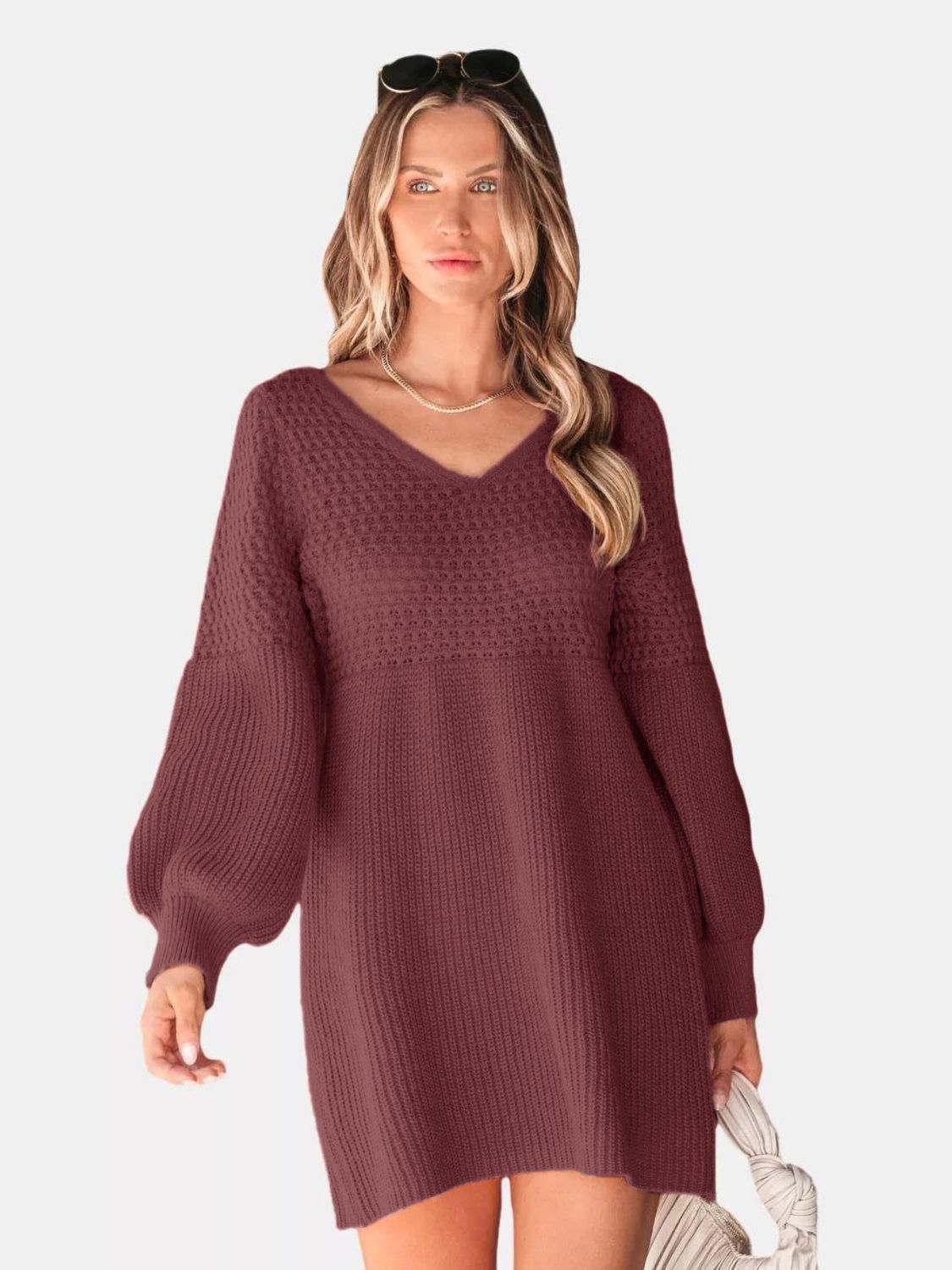 Perfee V-Neck Long Sleeve Sweater Dress - Siennasass