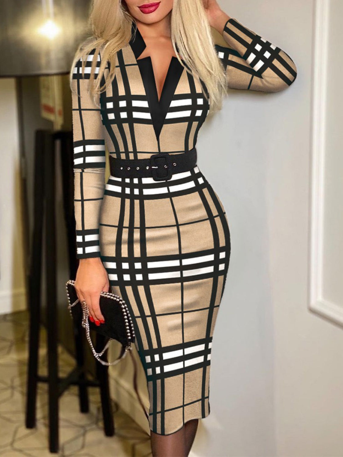 Printed Notched Long Sleeve Wrap Dress - Siennasass