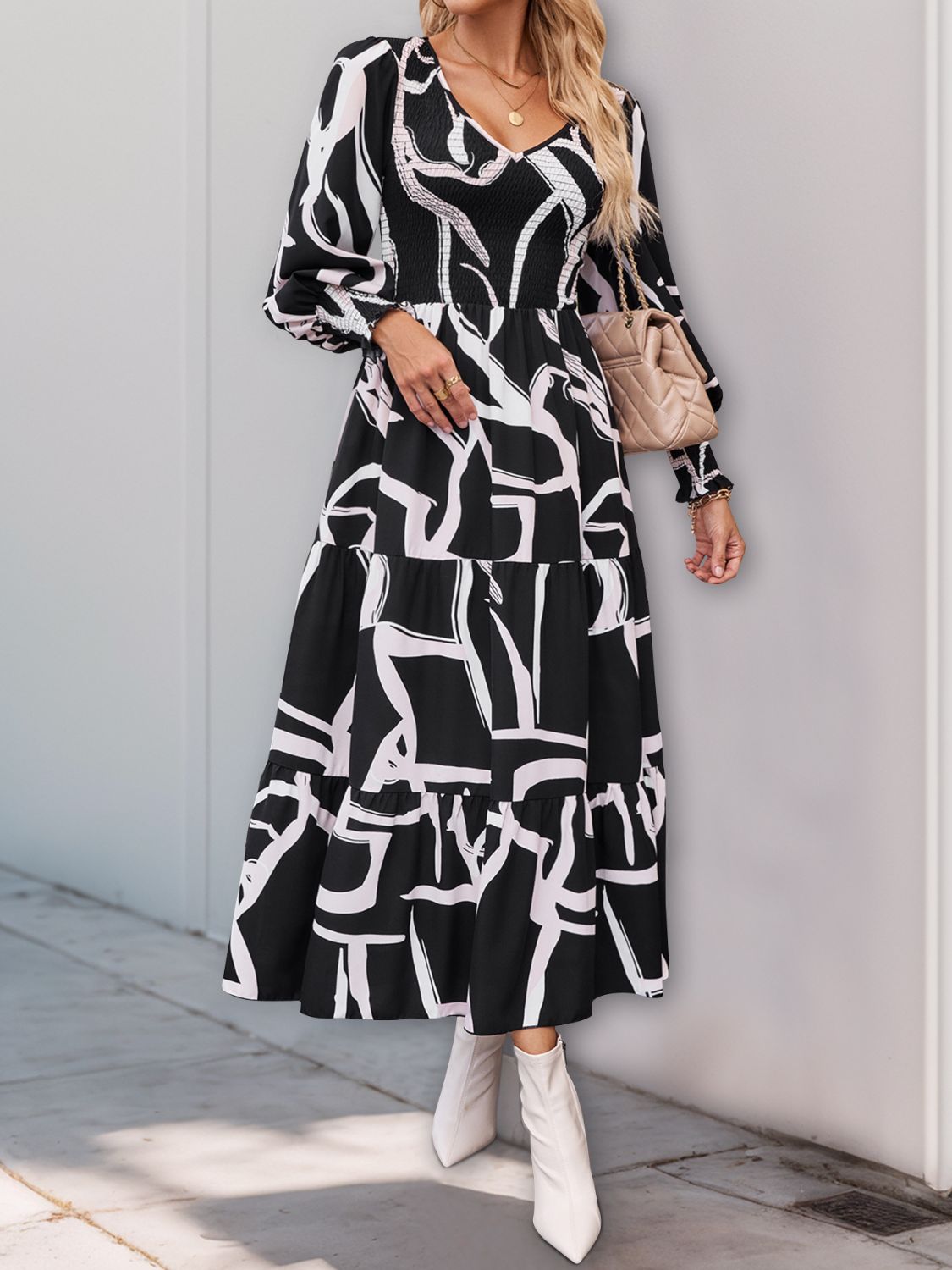 Perfee Smocked Printed Long Sleeve Midi Dress - Siennasass