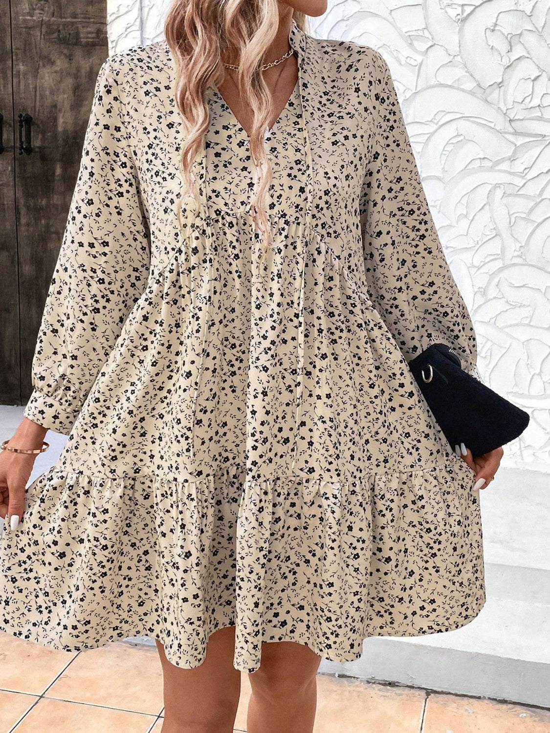 Tied Printed Long Sleeve Mini Dress - Siennasass