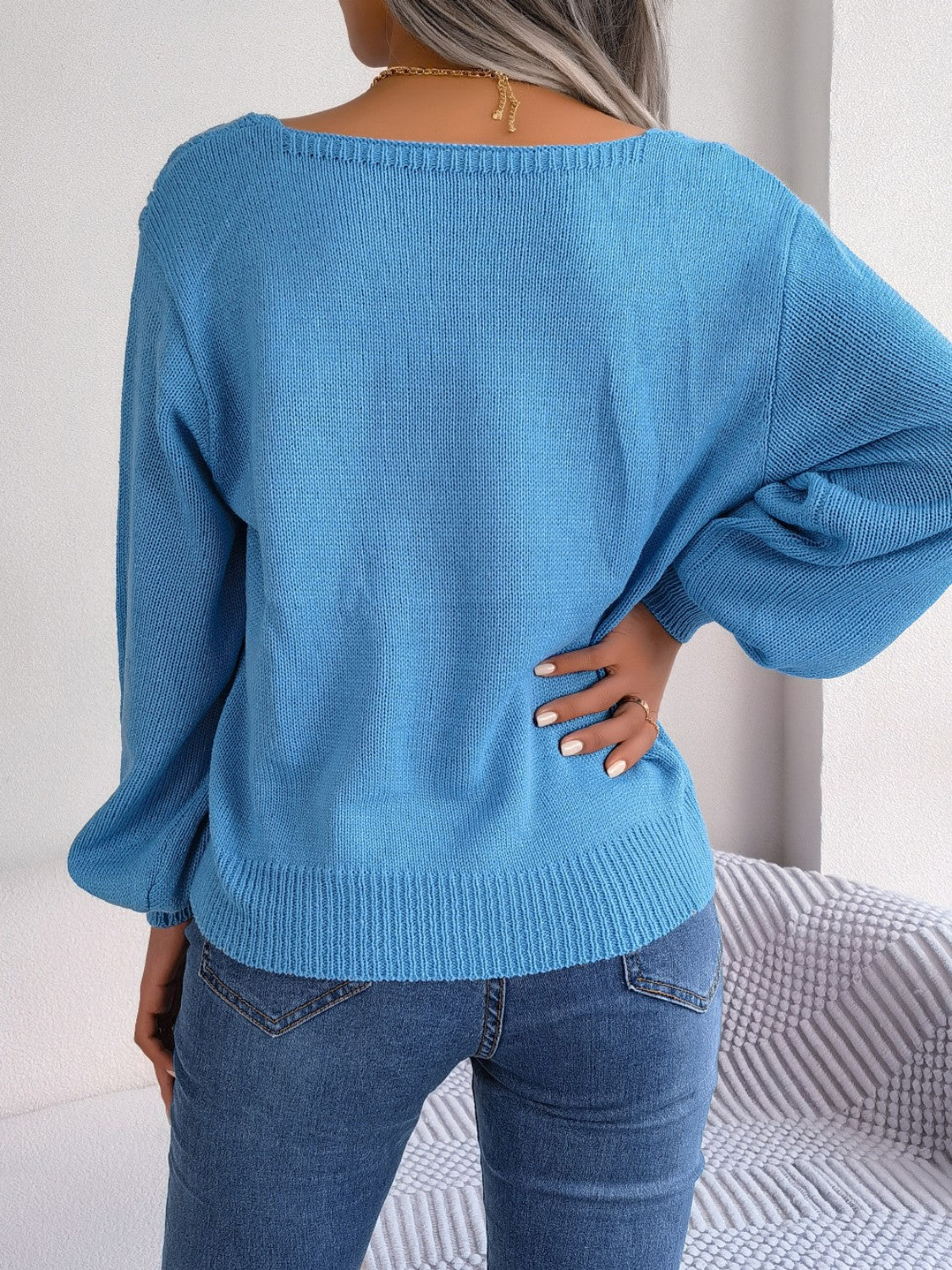 Cable-Knit Square Neck Long Sleeve Sweater - Siennasass