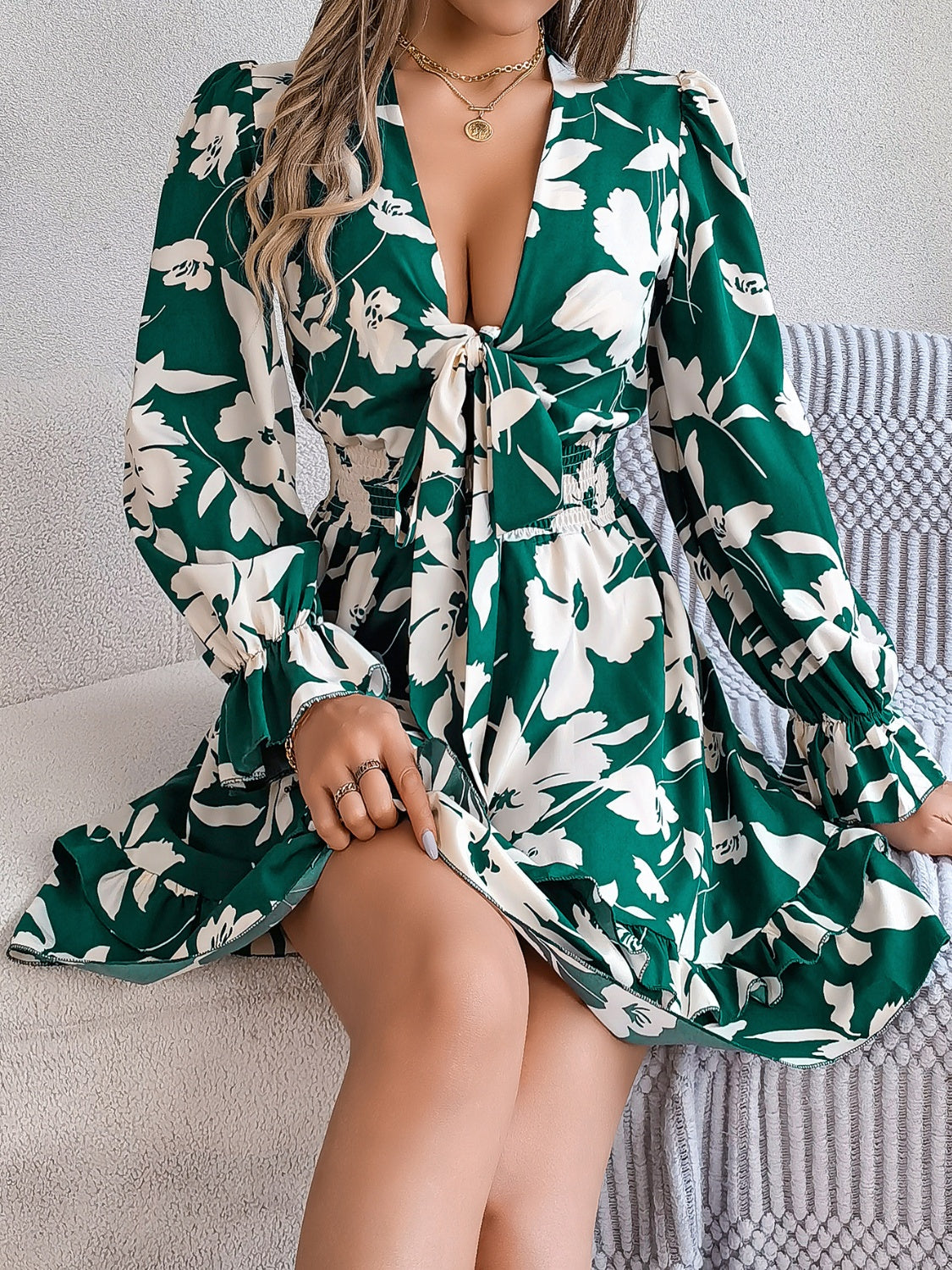 Tied Ruffled Printed Long Sleeve Dress - Siennasass