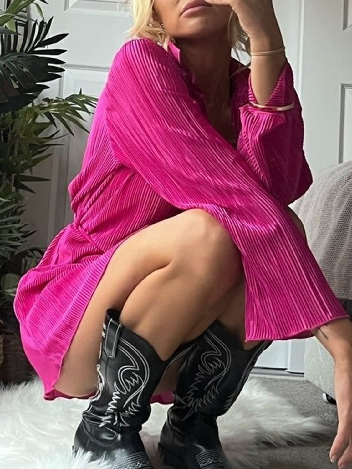 Tied Button Up Long Sleeve Dress - Siennasass