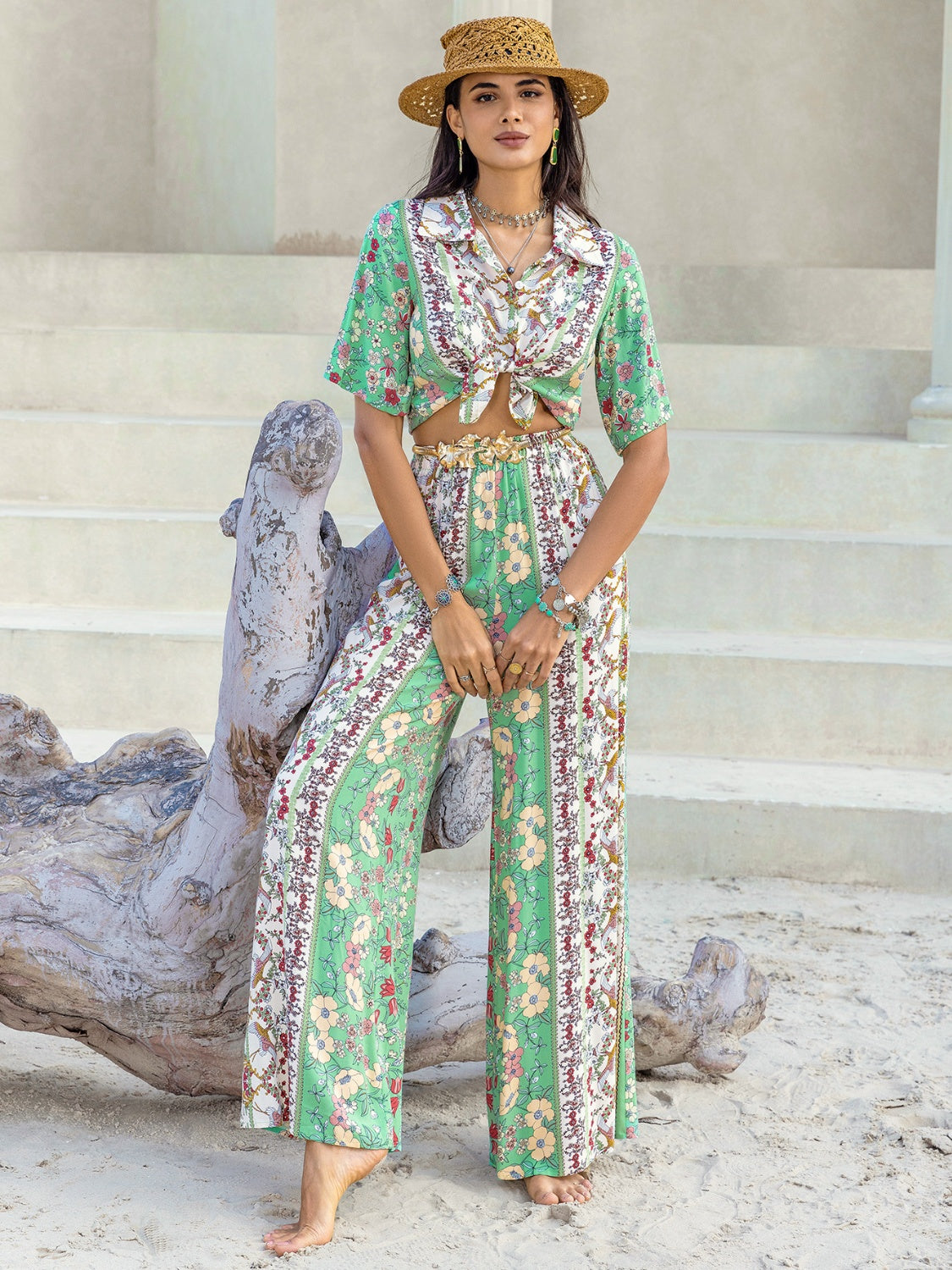 Printed Half Sleeve Top and Wide Leg Pants Set - Siennasass