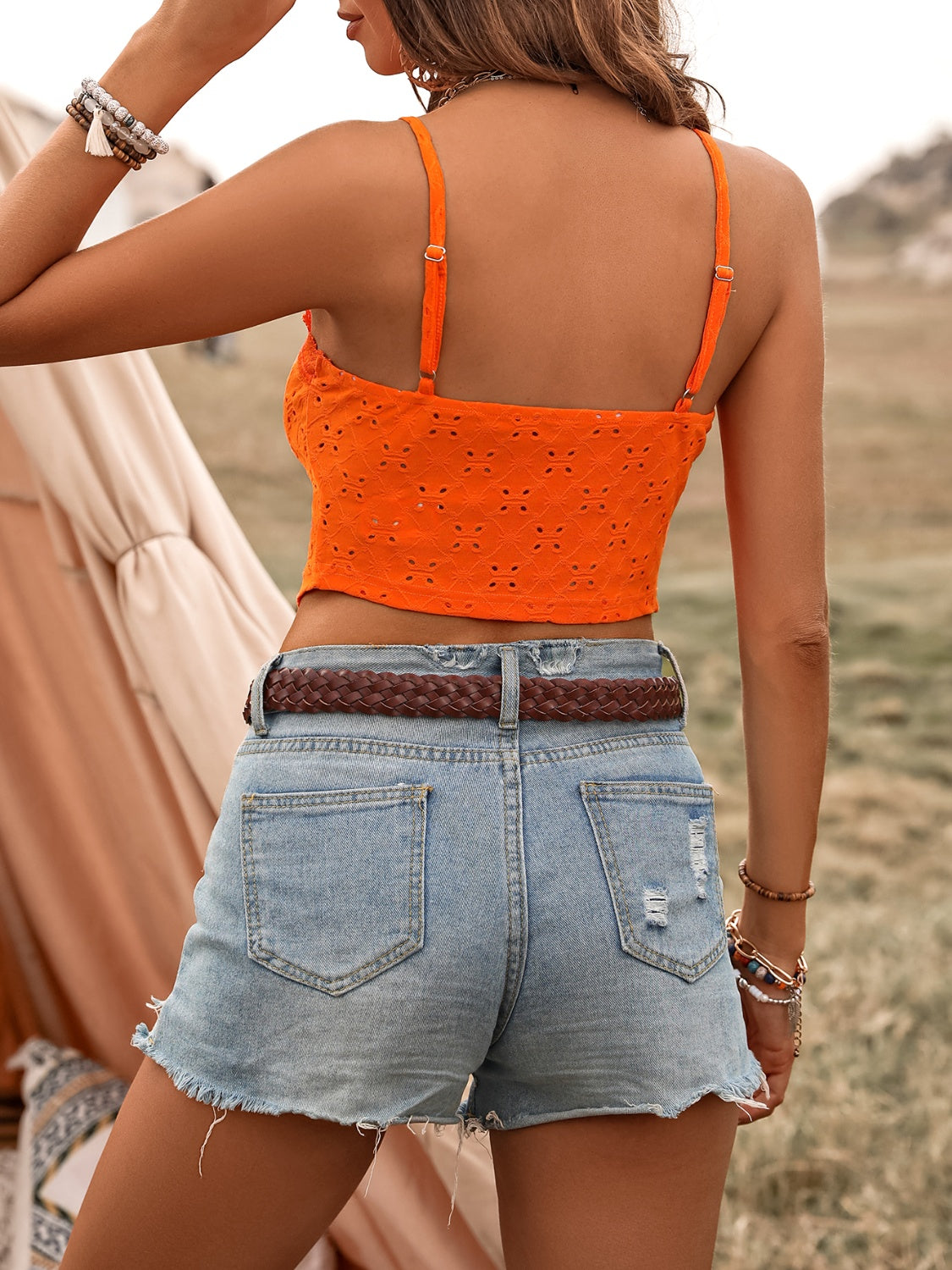 Tied Ruffled Eyelet V-Neck Cami - Siennasass
