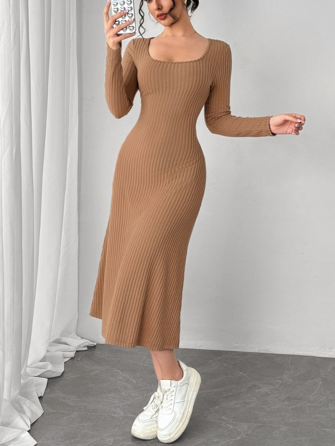 Square Neck Long Sleeve Midi Wrap Dress - Siennasass