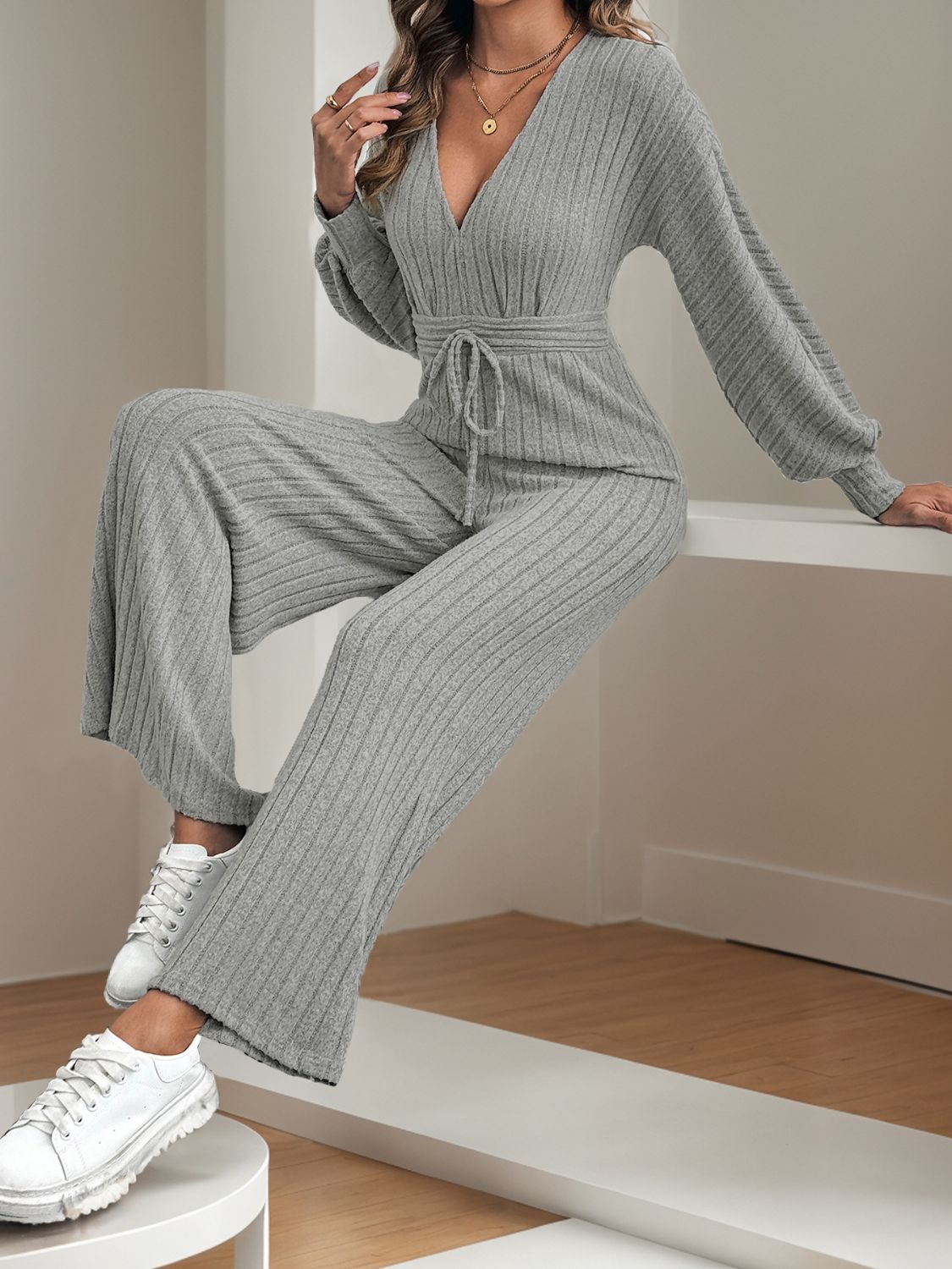 V-Neck Long Sleeve Wide Leg Jumpsuit - Siennasass