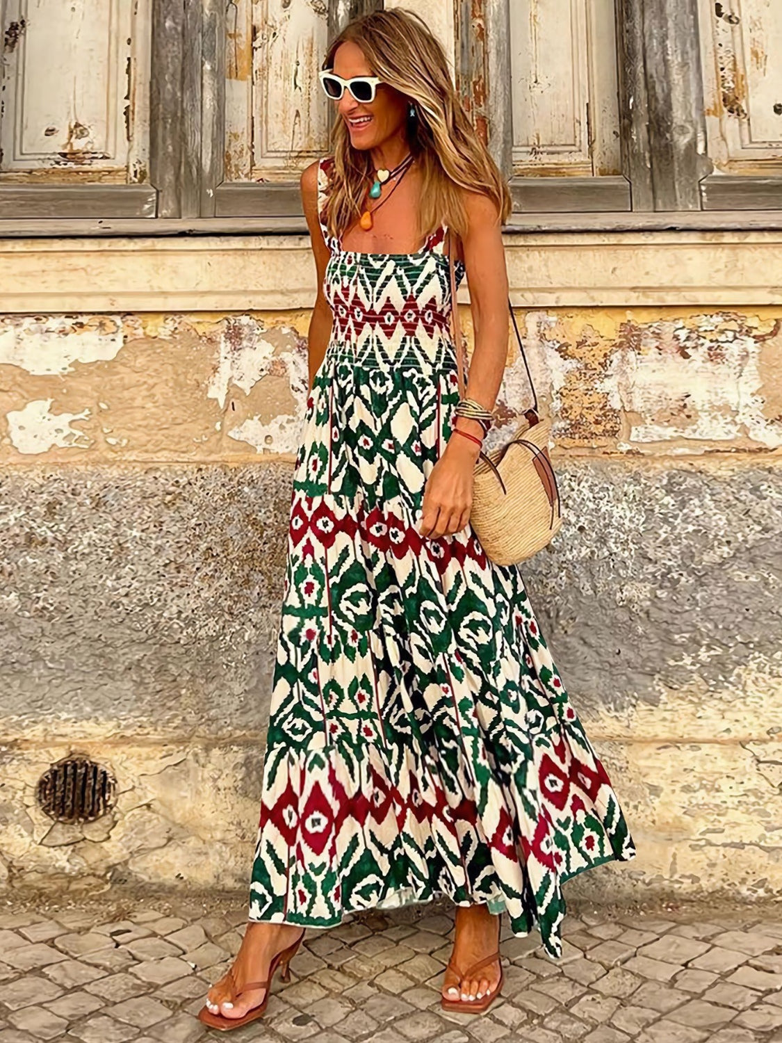 Smocked Printed Square Neck Sleeveless Dress - Siennasass