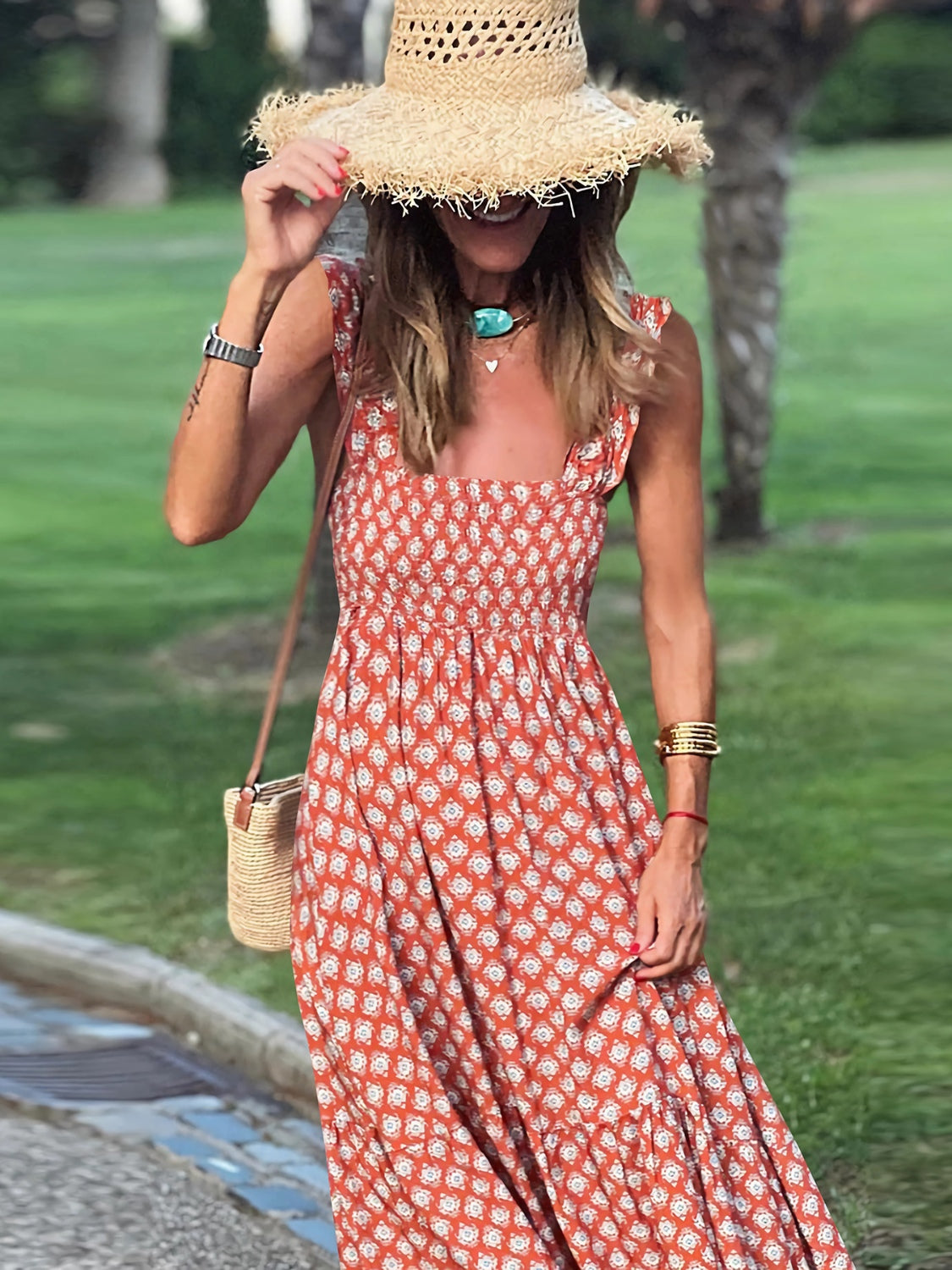 Smocked Printed Square Neck Sleeveless Dress - Siennasass