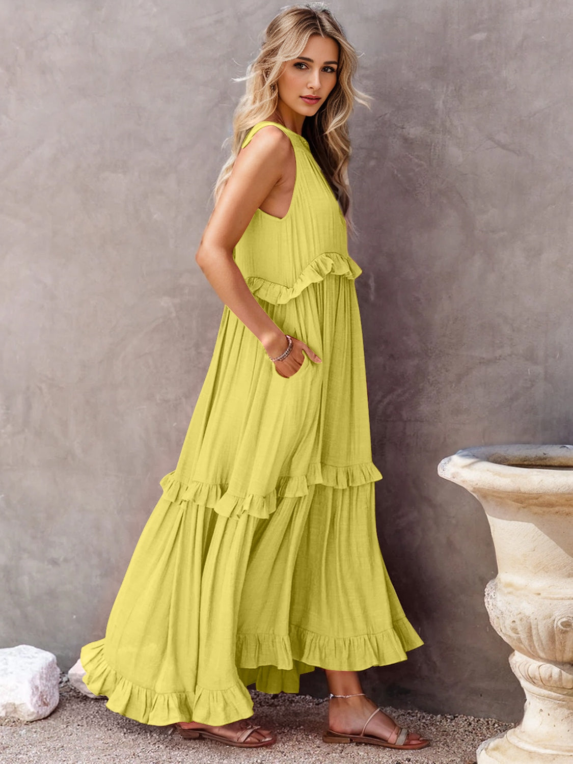 Ruffled Sleeveless Tiered Maxi Dress with Pockets - Siennasass
